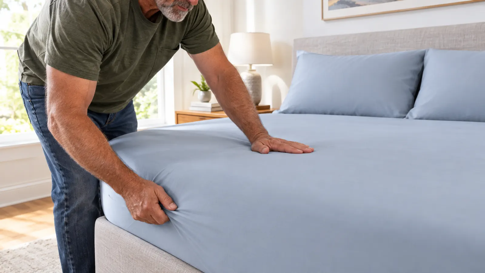 A hand smoothing the fitted sheet on a neatly made queen bed in a bright bedroom