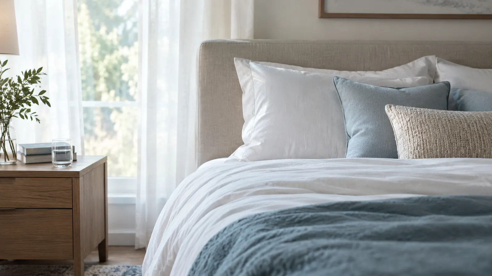 A neatly made queen bed in a bright, airy bedroom with a nightstand holding a glass of water