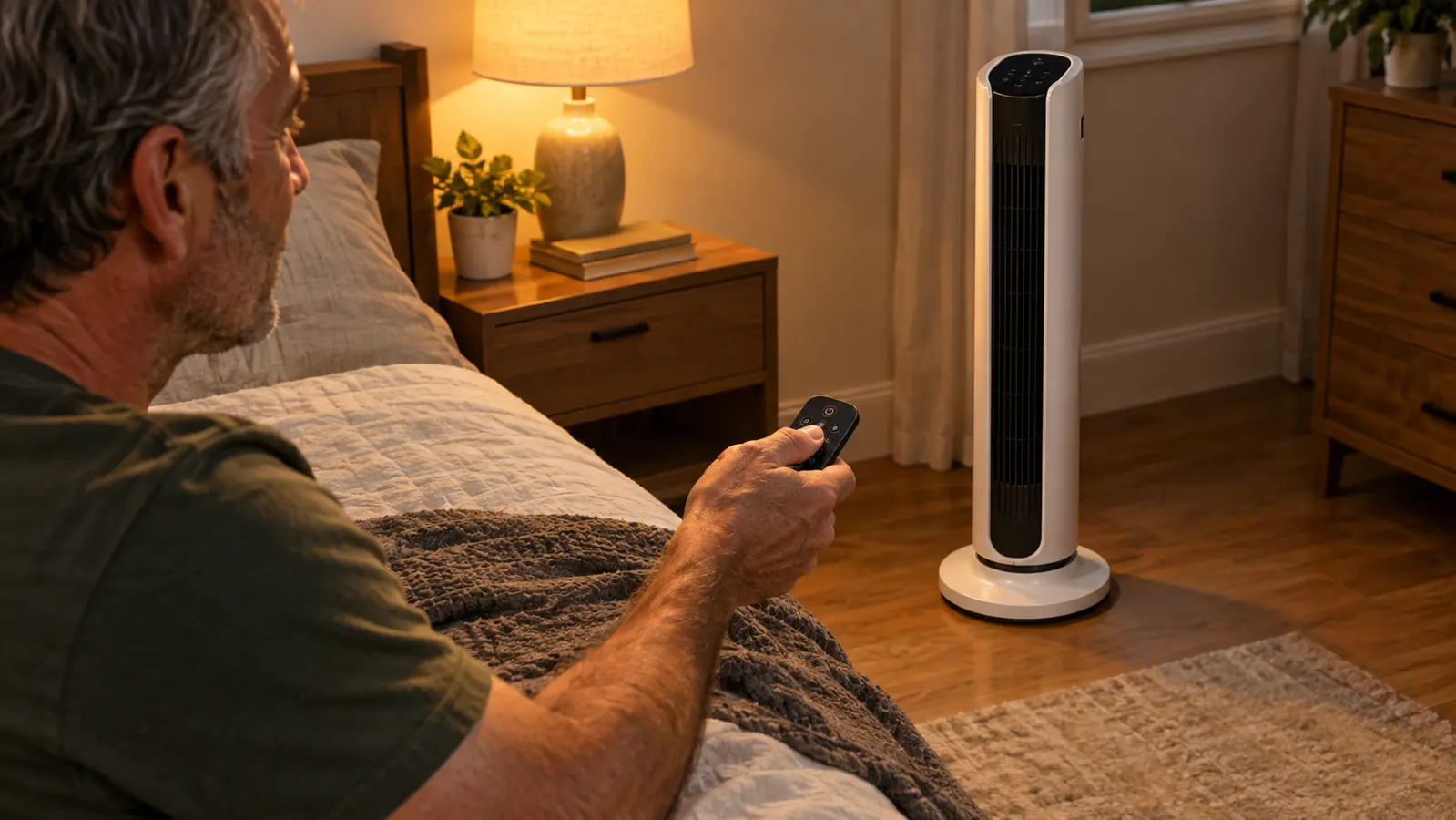 A hand holding a small remote control near a tower fan in a bedroom