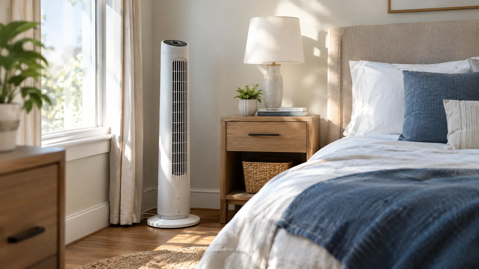 A tower fan standing on a bedroom floor beside a nightstand in the morning