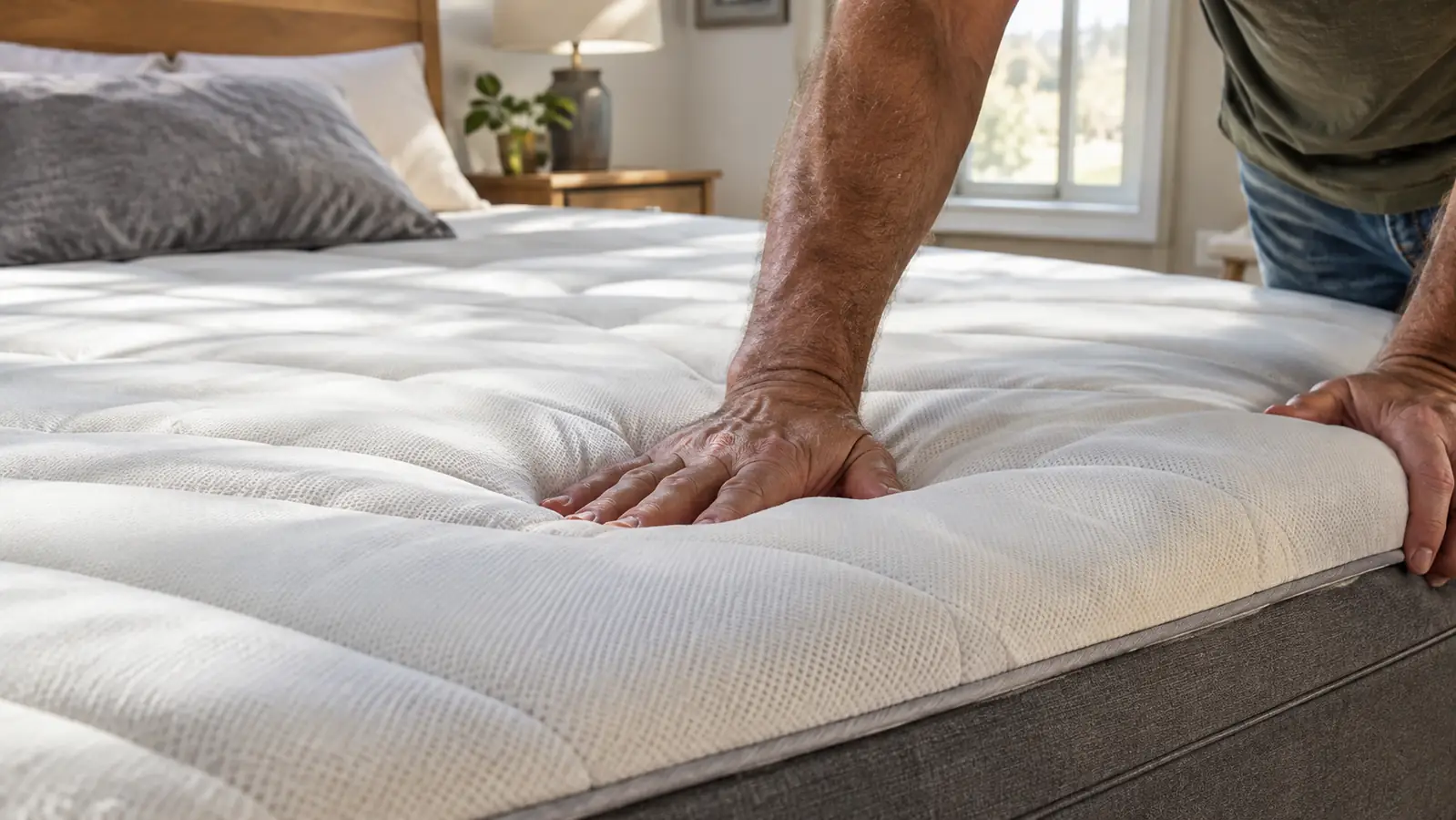 A hand pressing on a gel memory foam mattress topper on a bed to show its thickness and give