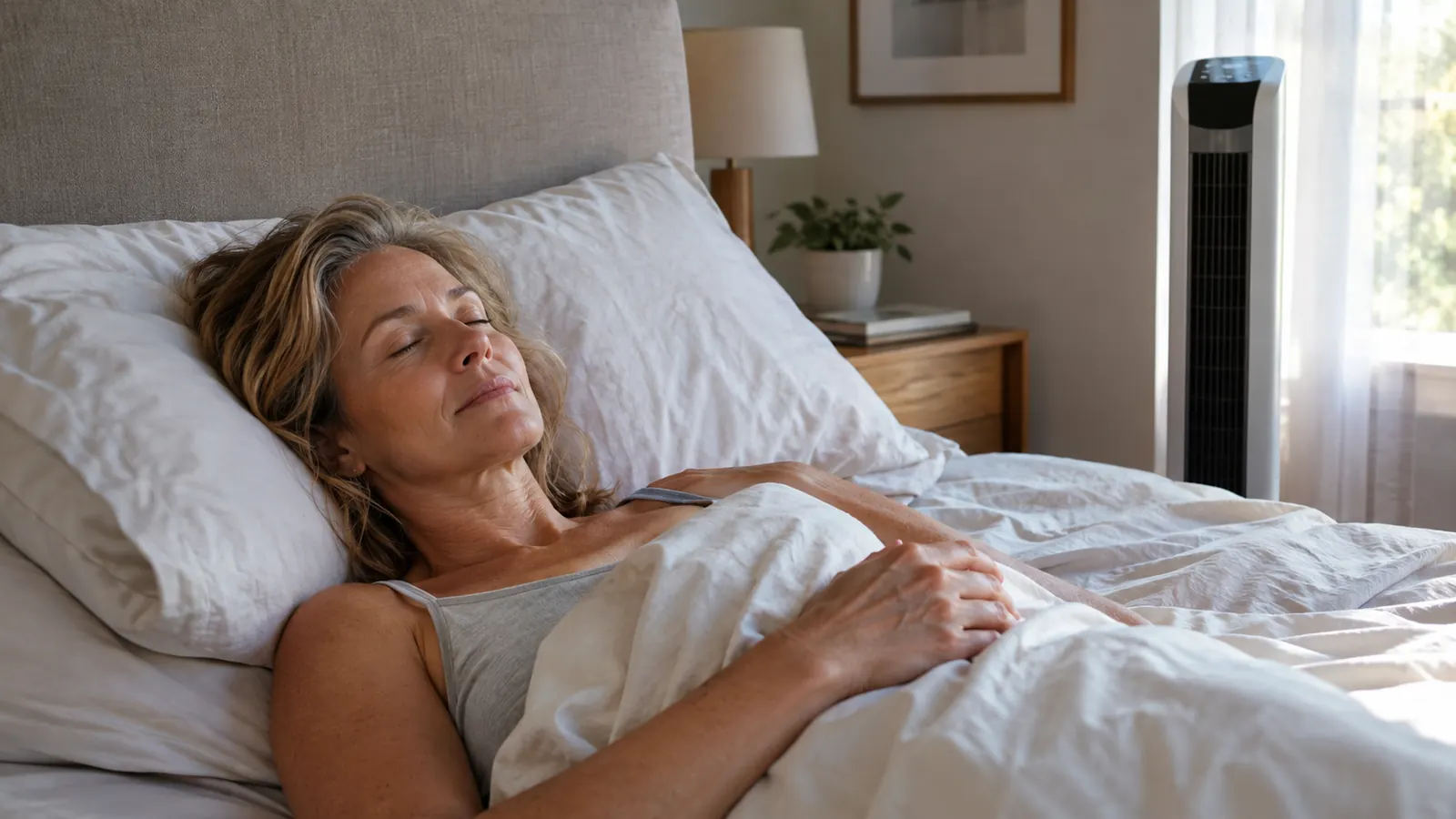 A woman in her fifties lying on a bed under a light sheet, looking comfortable and cool, with a fan beside the bed