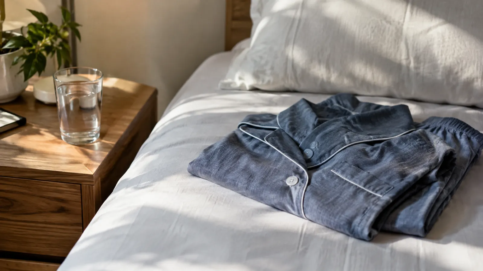 A glass of water on a nightstand beside a folded long sleeve pajama set on a bed