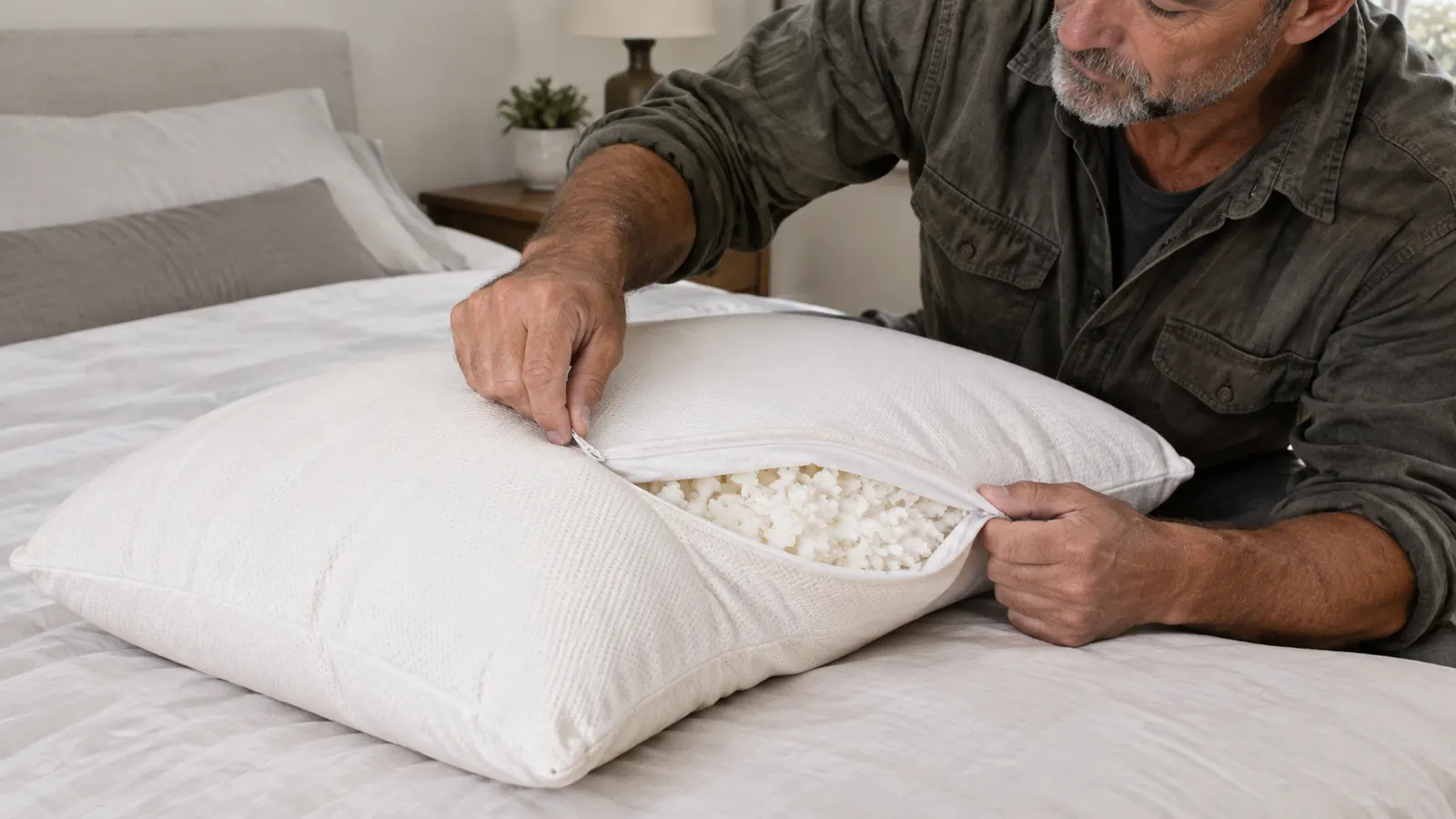 A hand adjusting the zipper on a cooling pillow on a bed