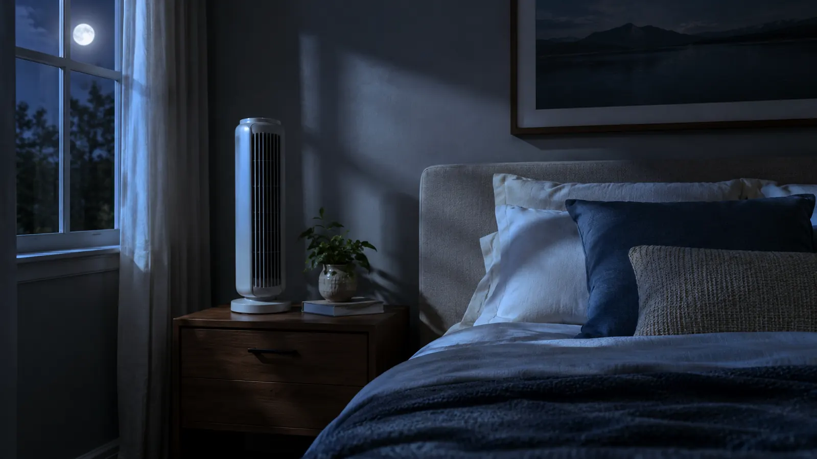 A bedroom at night with a fan on a nightstand and a neatly made bed