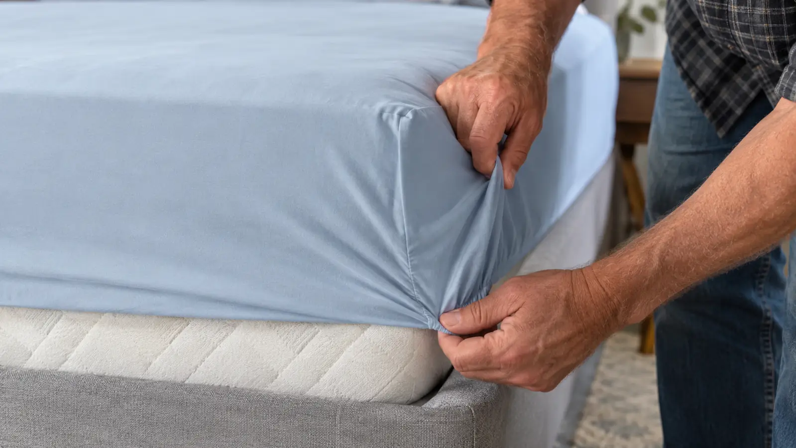 A hand tucking the corner of a fitted sheet over a mattress