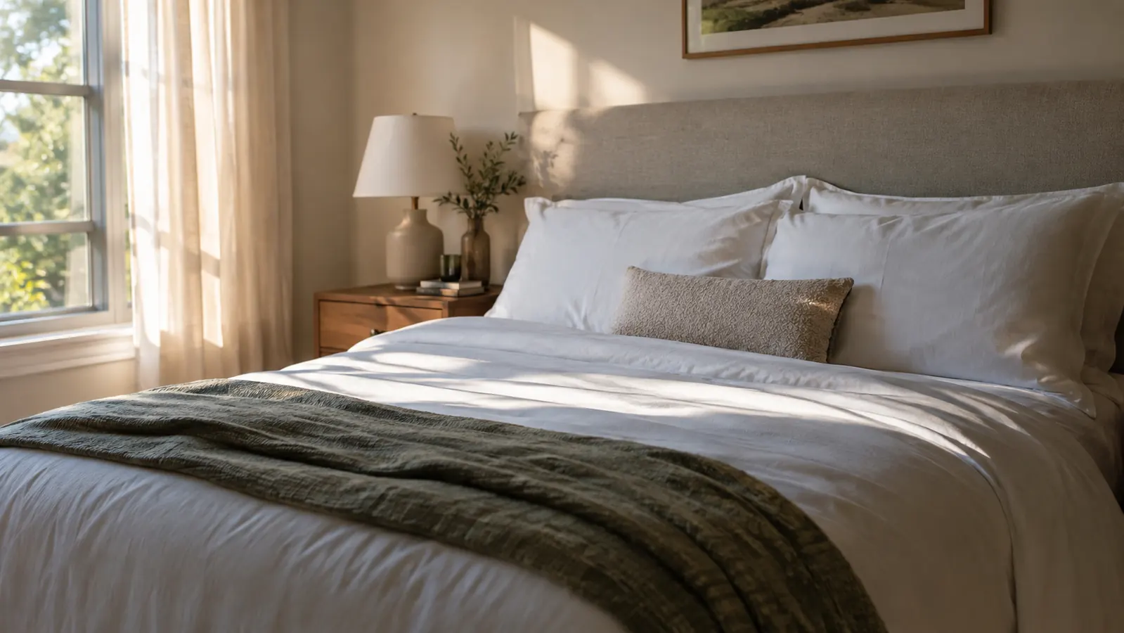 A neatly made queen bed with soft white pillows and a folded blanket at the foot