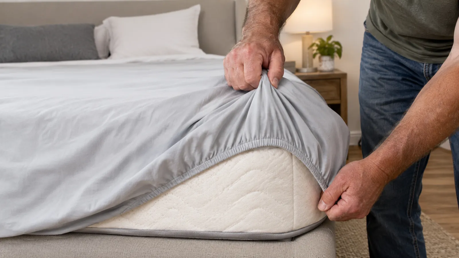 Close view of a hand lifting the edge of a light gray fitted sheet from the corner of a queen bed