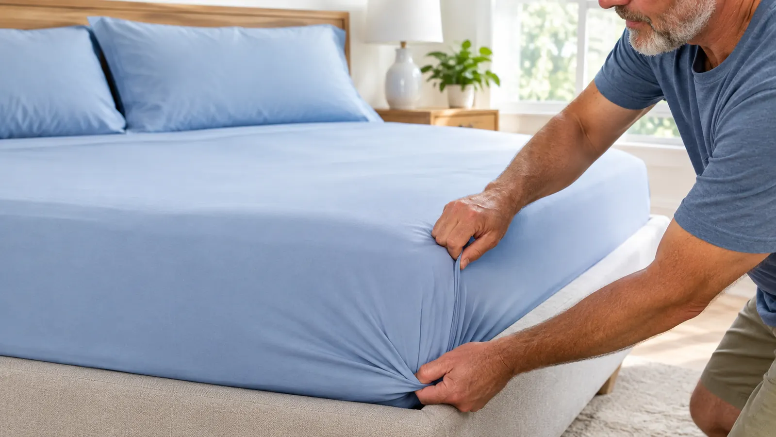 Hand smoothing the corner of a fitted sheet on a queen bed in a bright bedroom