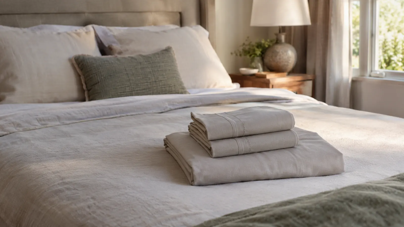 A neatly made queen bed with a folded flat sheet and two pillowcases stacked at the foot, morning light through windows