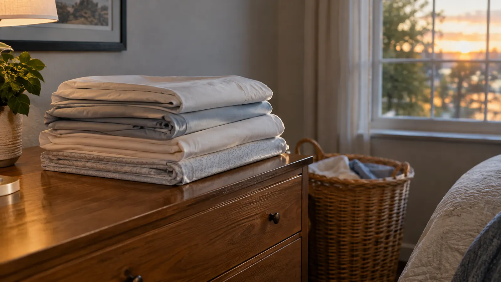 A neatly folded stack of freshly washed sheets on a wooden dresser, a wicker laundry basket beside it, soft evening light.