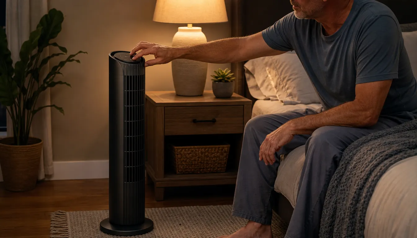 A hand reaching to press buttons on a slim tower fan beside a bed in the evening
