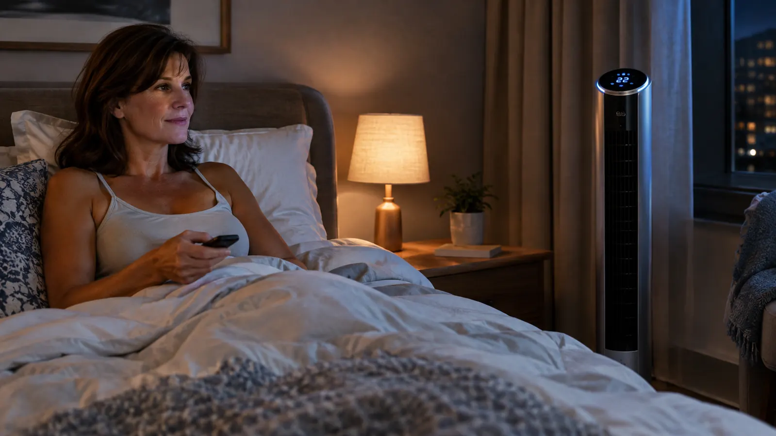 A woman in her fifties sitting up in bed with a remote in her hand, the tower fan glowing softly beside her