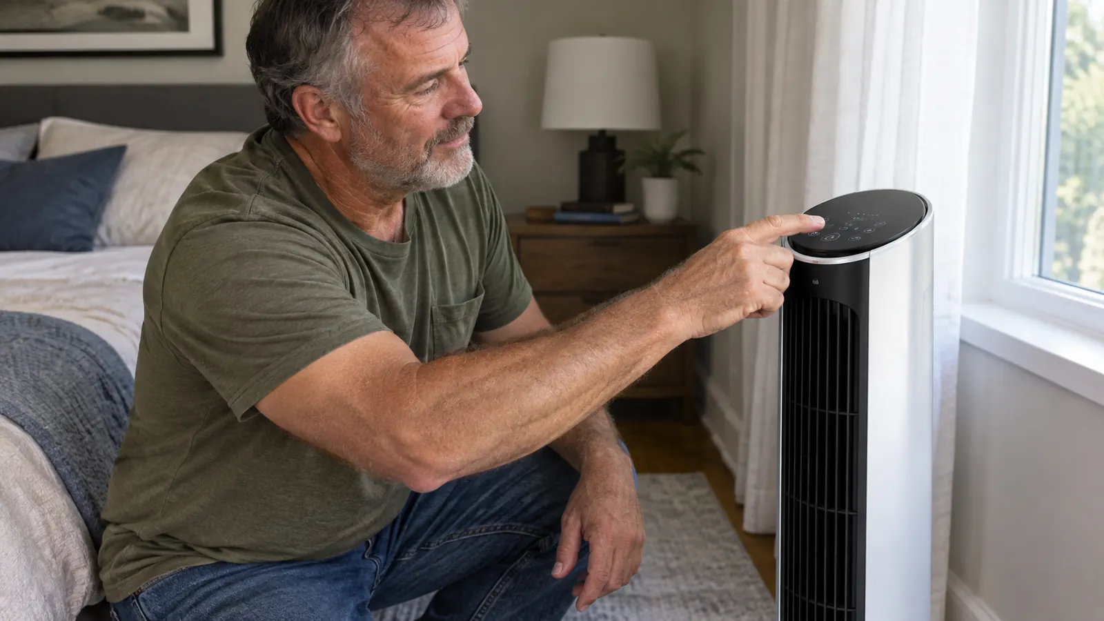 A hand pressing buttons on the control panel of a tower fan while the fan stands in a bedroom