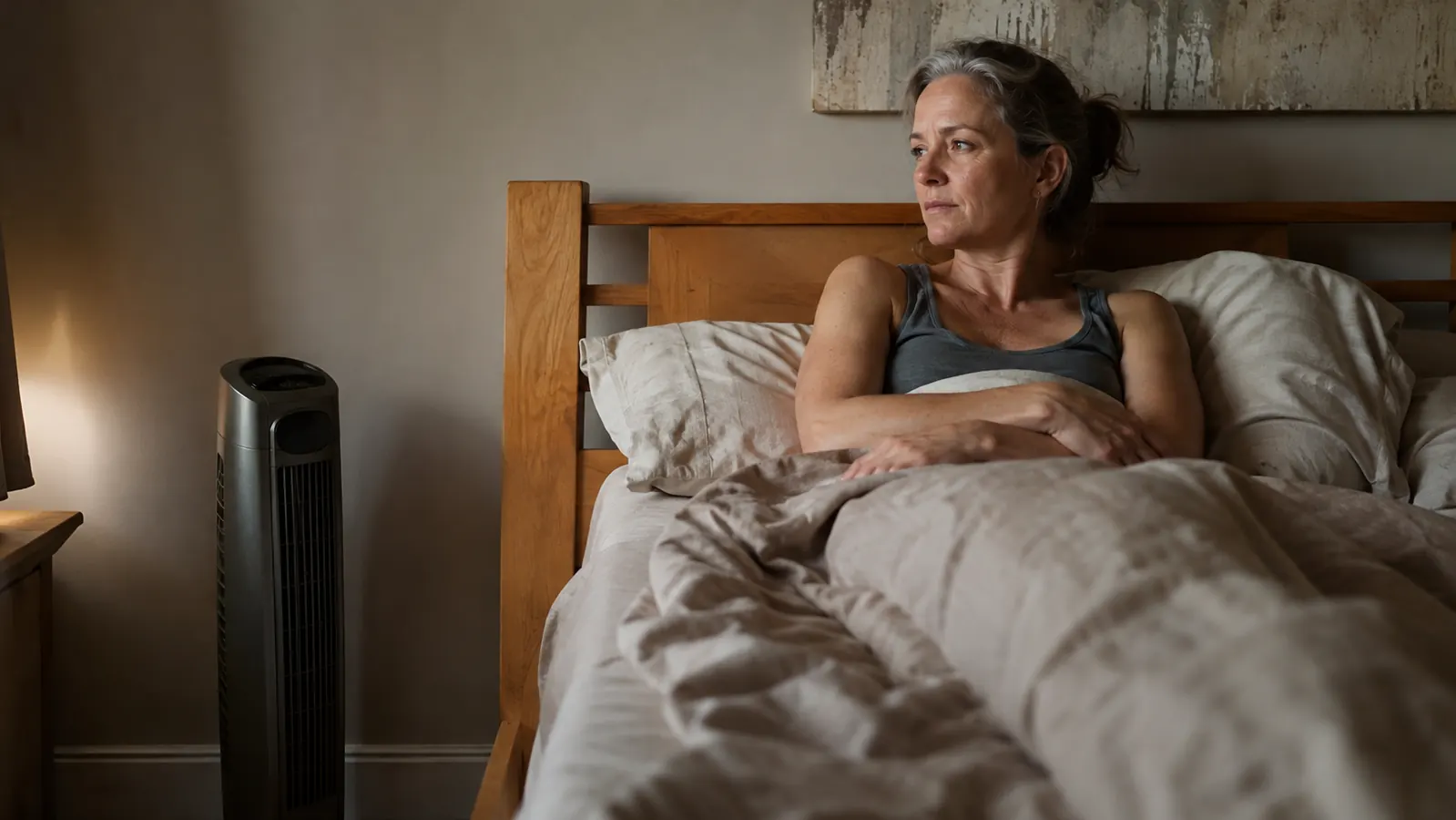 A woman in her fifties lying in bed under a light blanket with a tower fan running beside the bed