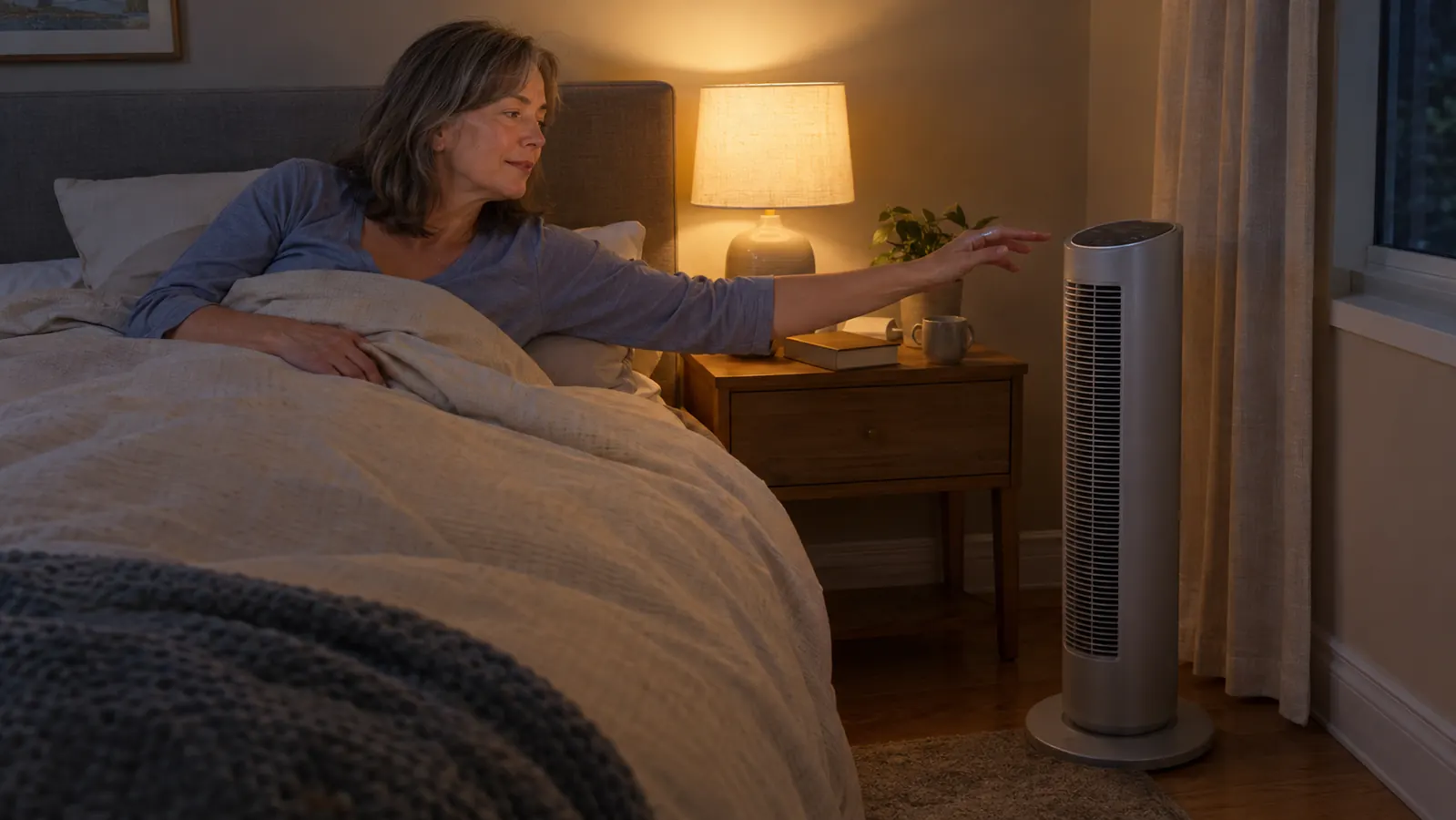 Woman in bed reaching toward a tower fan beside the bed in low light