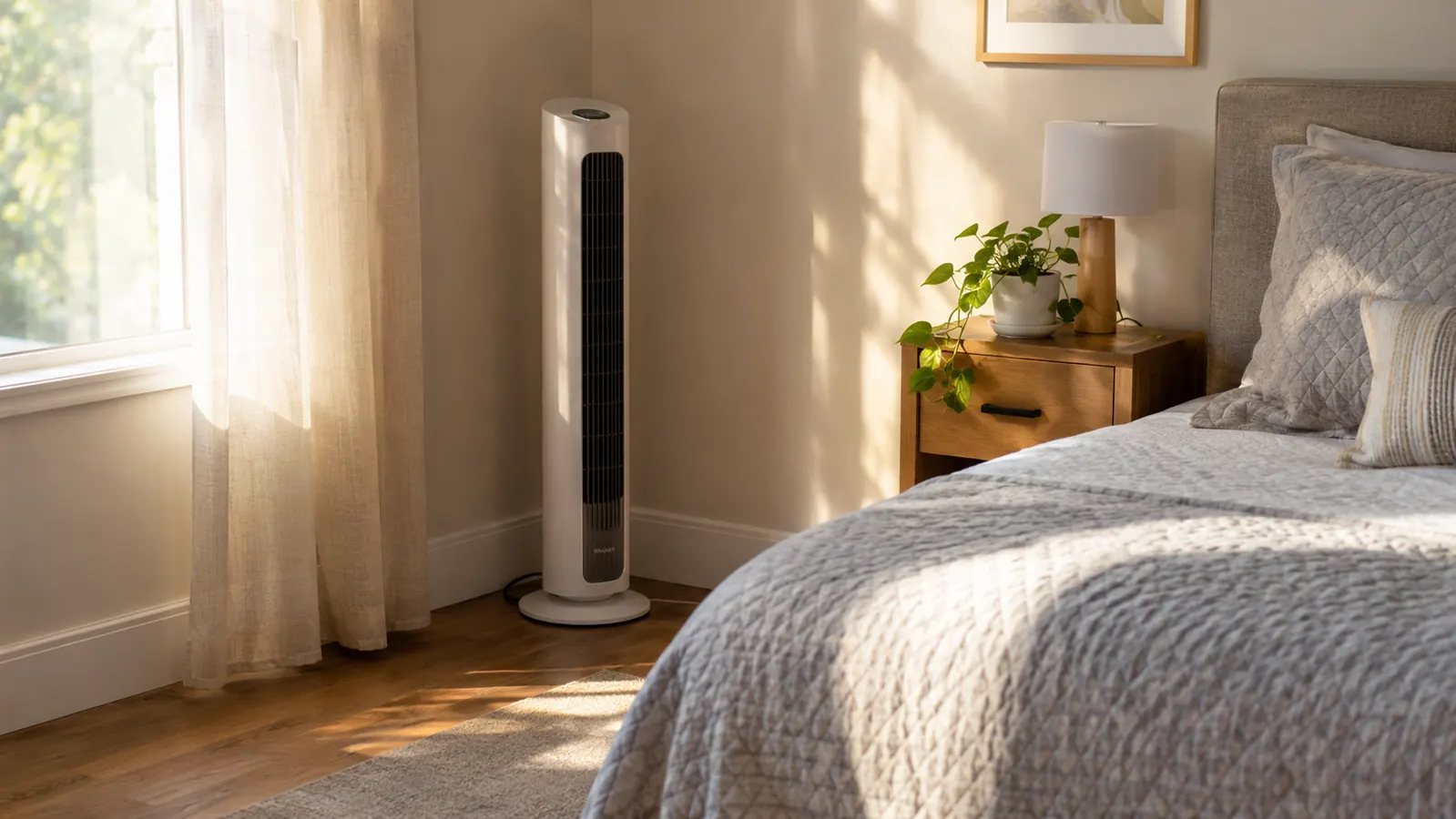 Tower fan standing in the corner of a bedroom in soft morning light