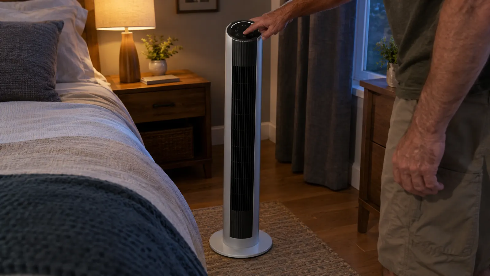 A hand adjusting the controls on a tower fan beside a bed