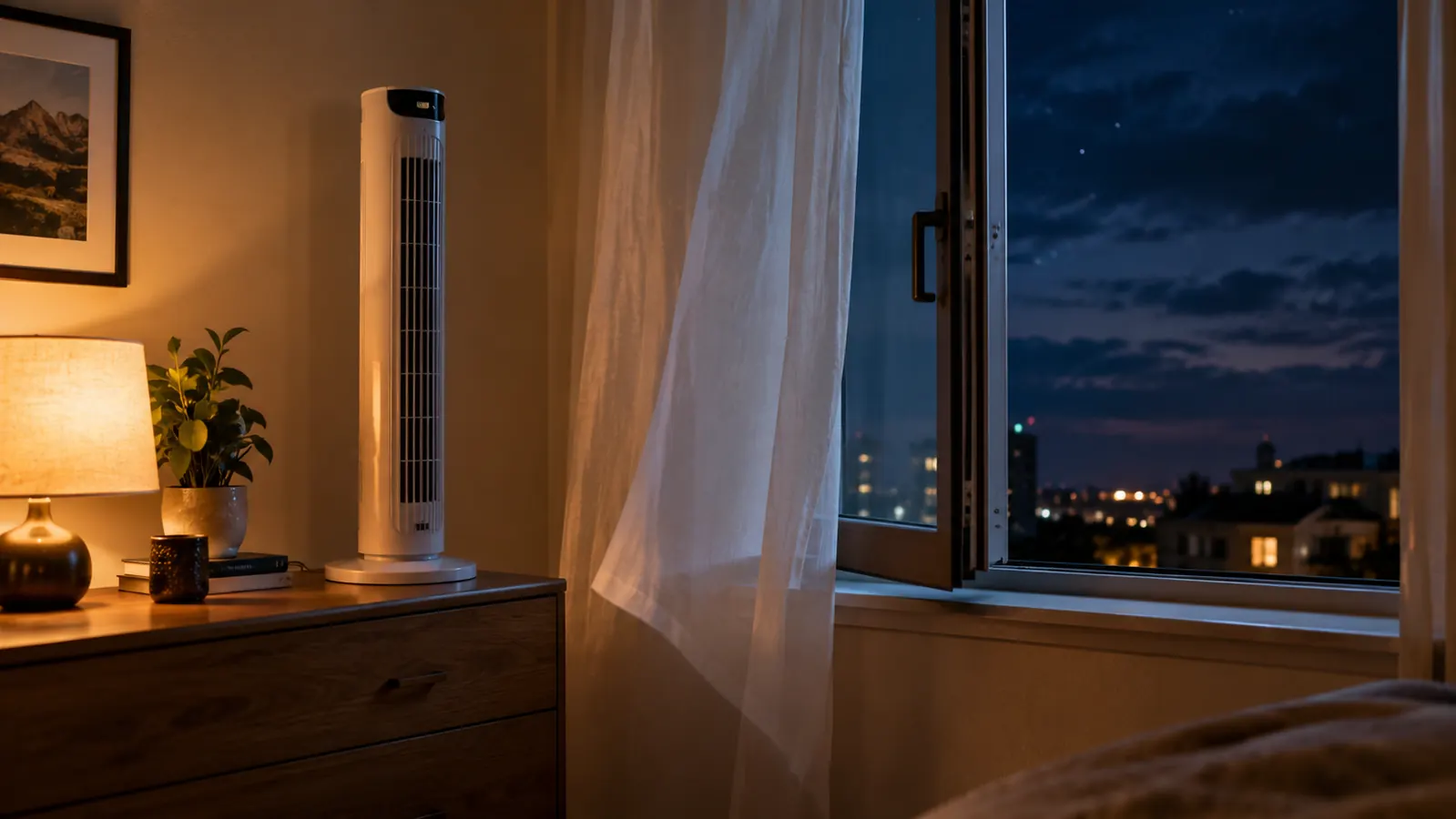 A tower fan on a dresser angled toward an open window at night