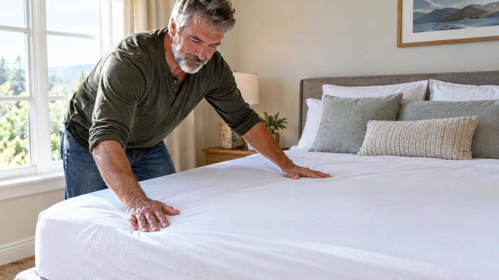 Hands smoothing a folded sheet onto a queen size mattress in a bright bedroom.