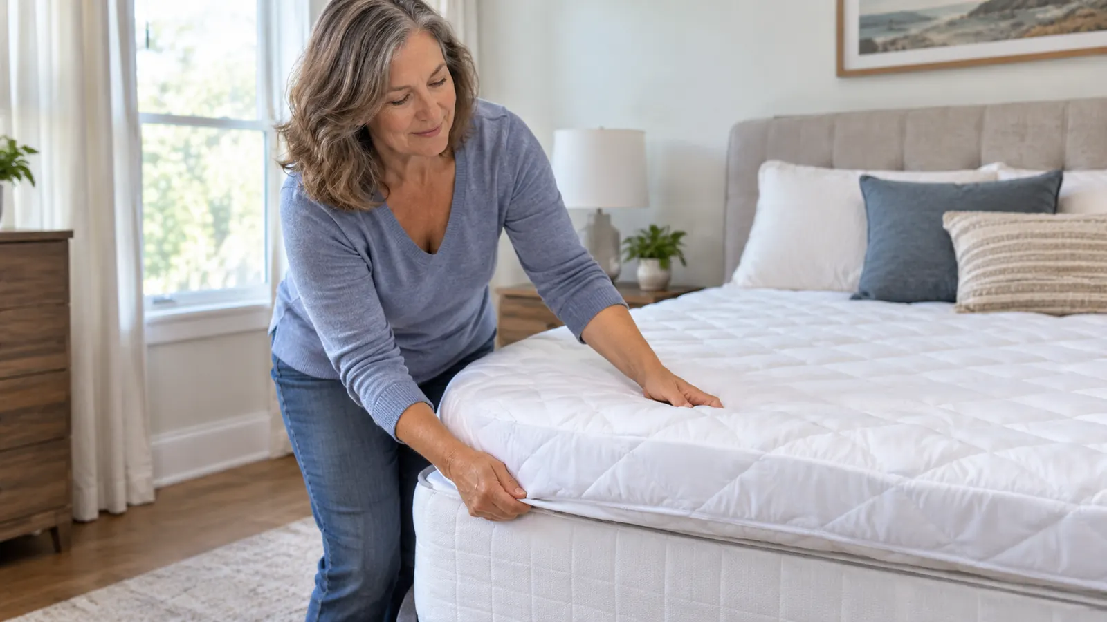 A woman in her fifties smoothing a mattress topper over the corner of a mattress in a bedroom
