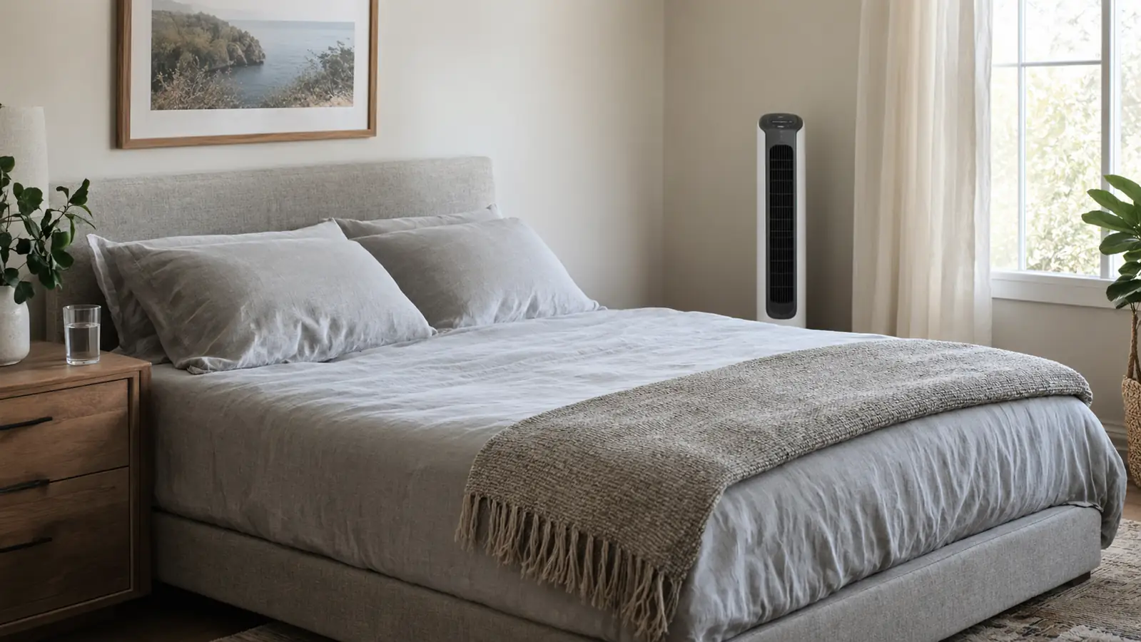 A neatly made bed with light gray sheets, a folded blanket at the foot, and a tower fan standing beside the bed