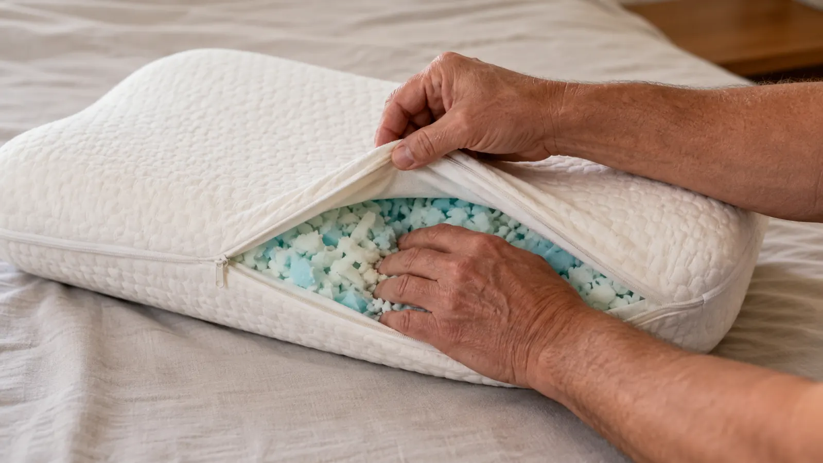 A hand unzipping a cooling pillow to adjust the shredded foam filling