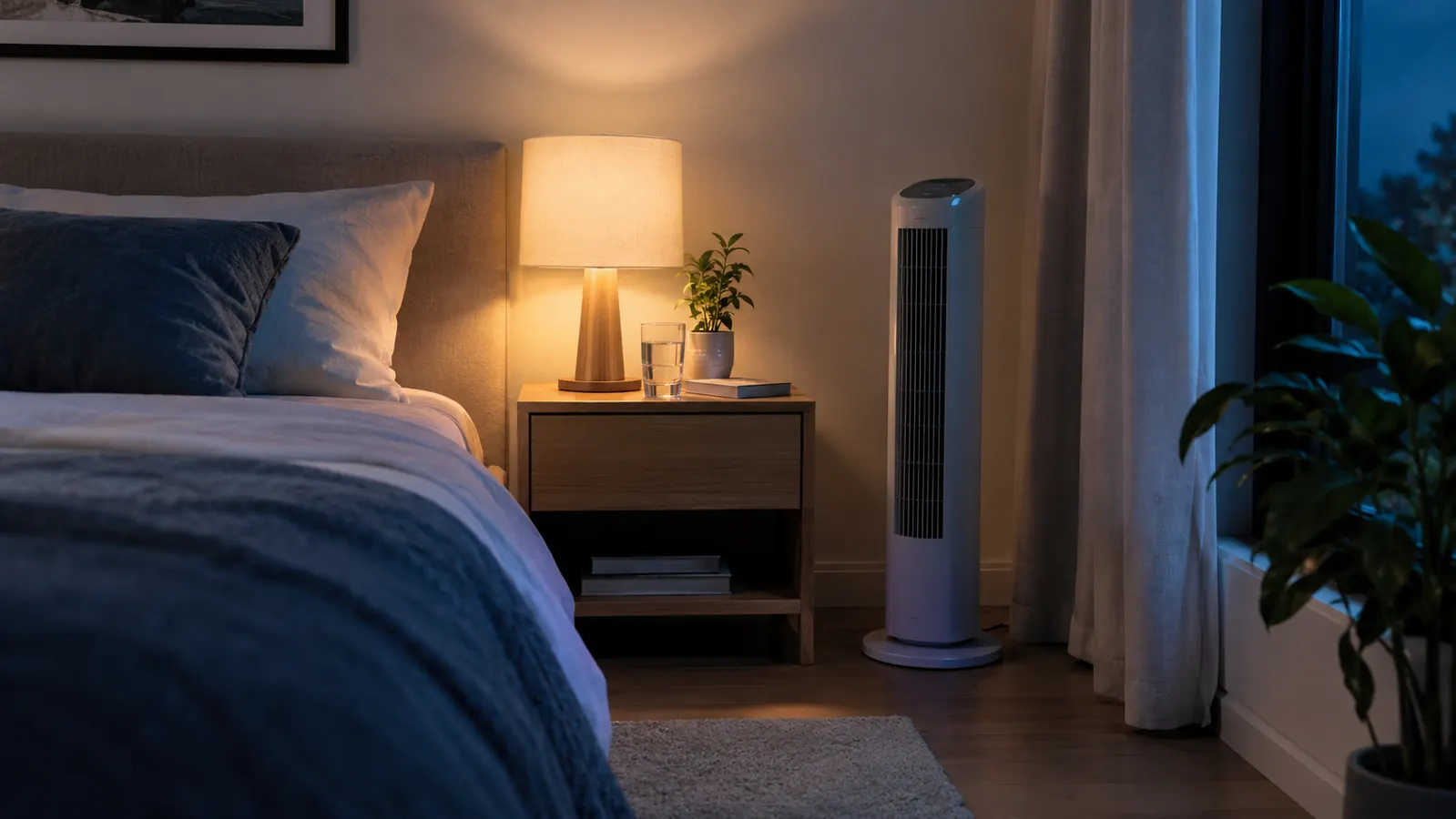 A bedroom at night with a small tower fan beside the bed and a glass of water on the nightstand