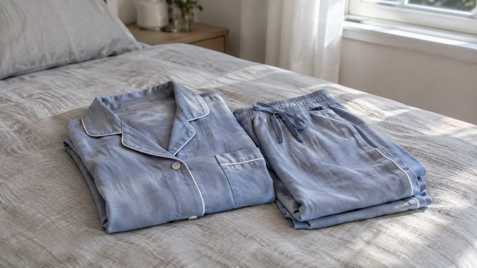 A folded long sleeve pajama set lying on a light gray bedspread in a bright bedroom