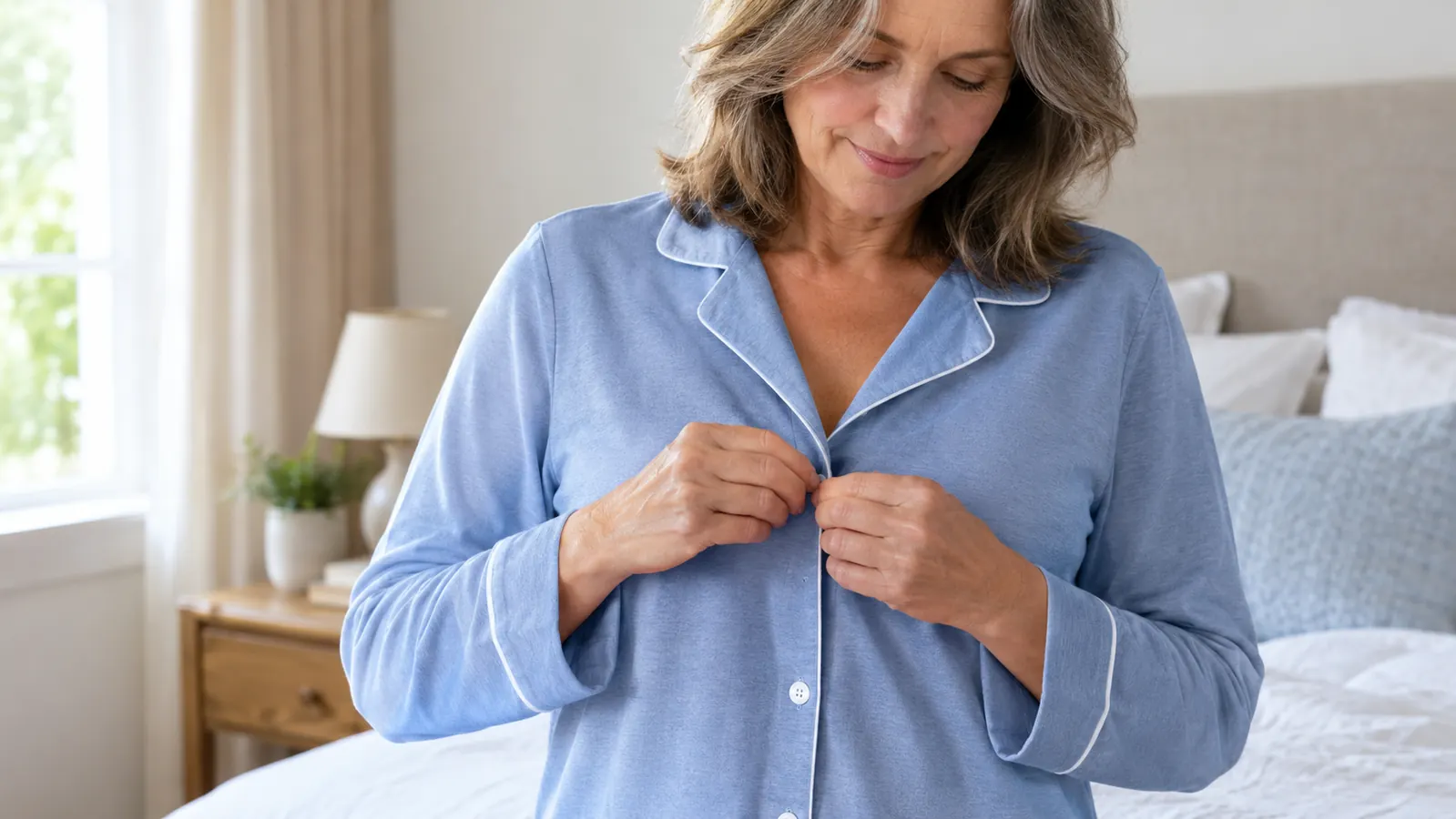 A woman's hands buttoning the front of a long-sleeve pajama top while she stands by the bed