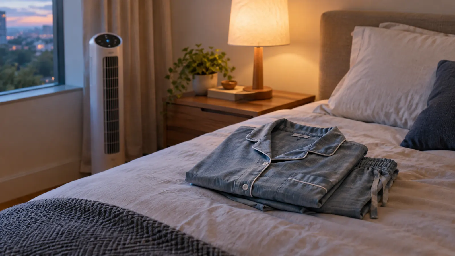 A folded pajama set lying on the end of a bed beside a small tower fan and a bedside lamp