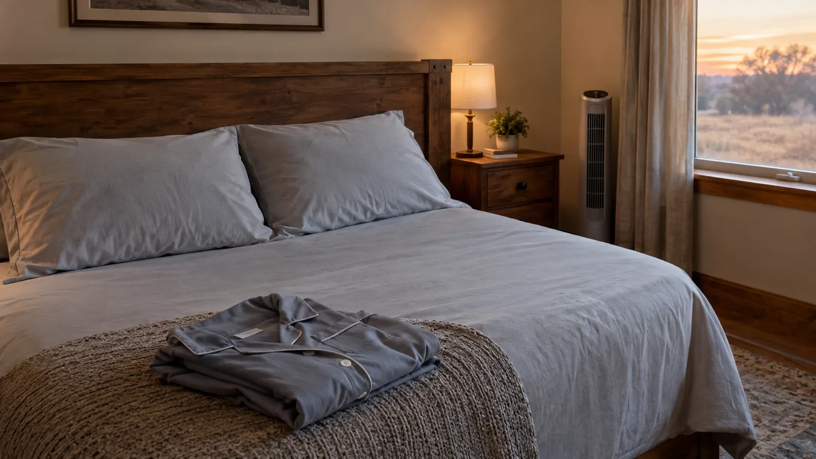 A neatly made queen bed with light gray sheets and two pillows, a folded long-sleeve button-front pajama set resting at the foot of the bed, a tower fan beside the nightstand