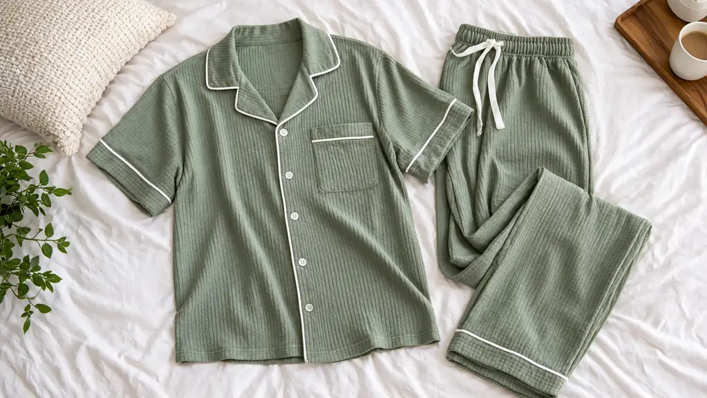 Close view of a long-sleeve button-front pajama set laid on a bed, fabric gently gathered