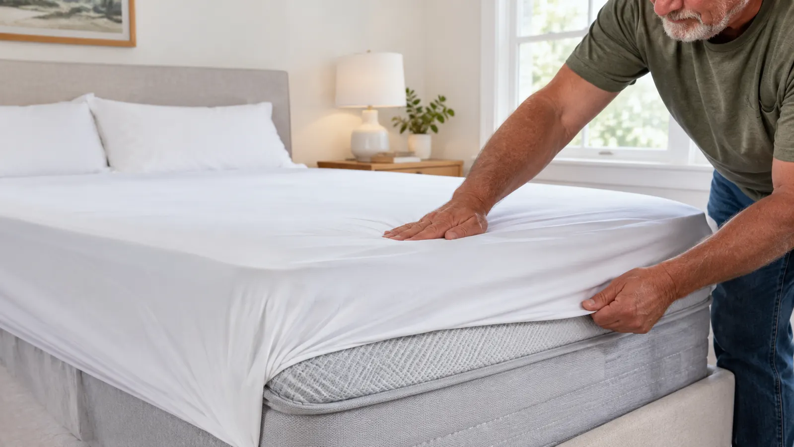 Hands smoothing a white fitted sheet over a mattress topper on a queen bed