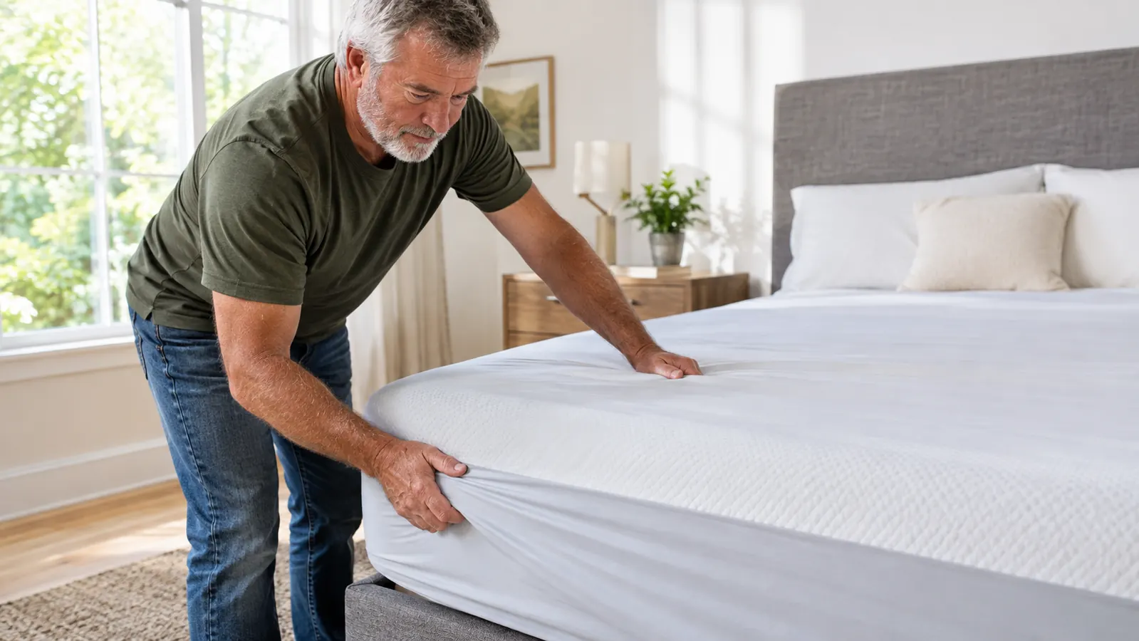 Hands smoothing a fitted sheet over a mattress topper on a bed