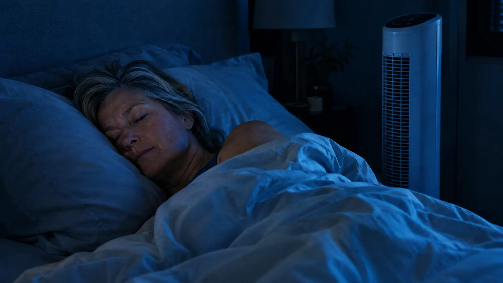A woman in her fifties asleep under a light blanket in a dark bedroom, a tower fan standing beside the bed