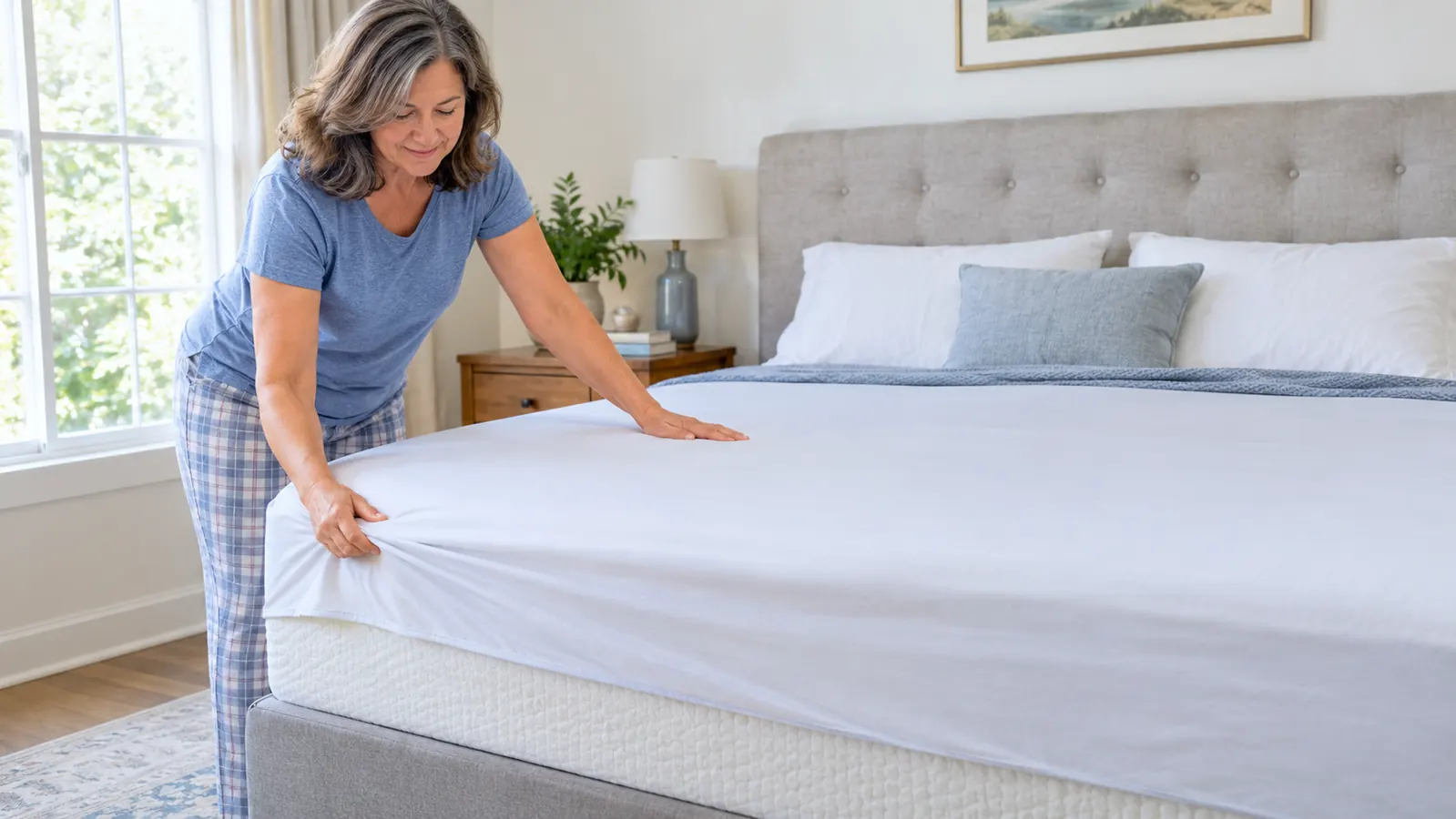 A woman in her fifties smoothing a fitted sheet over a mattress topper on a queen bed
