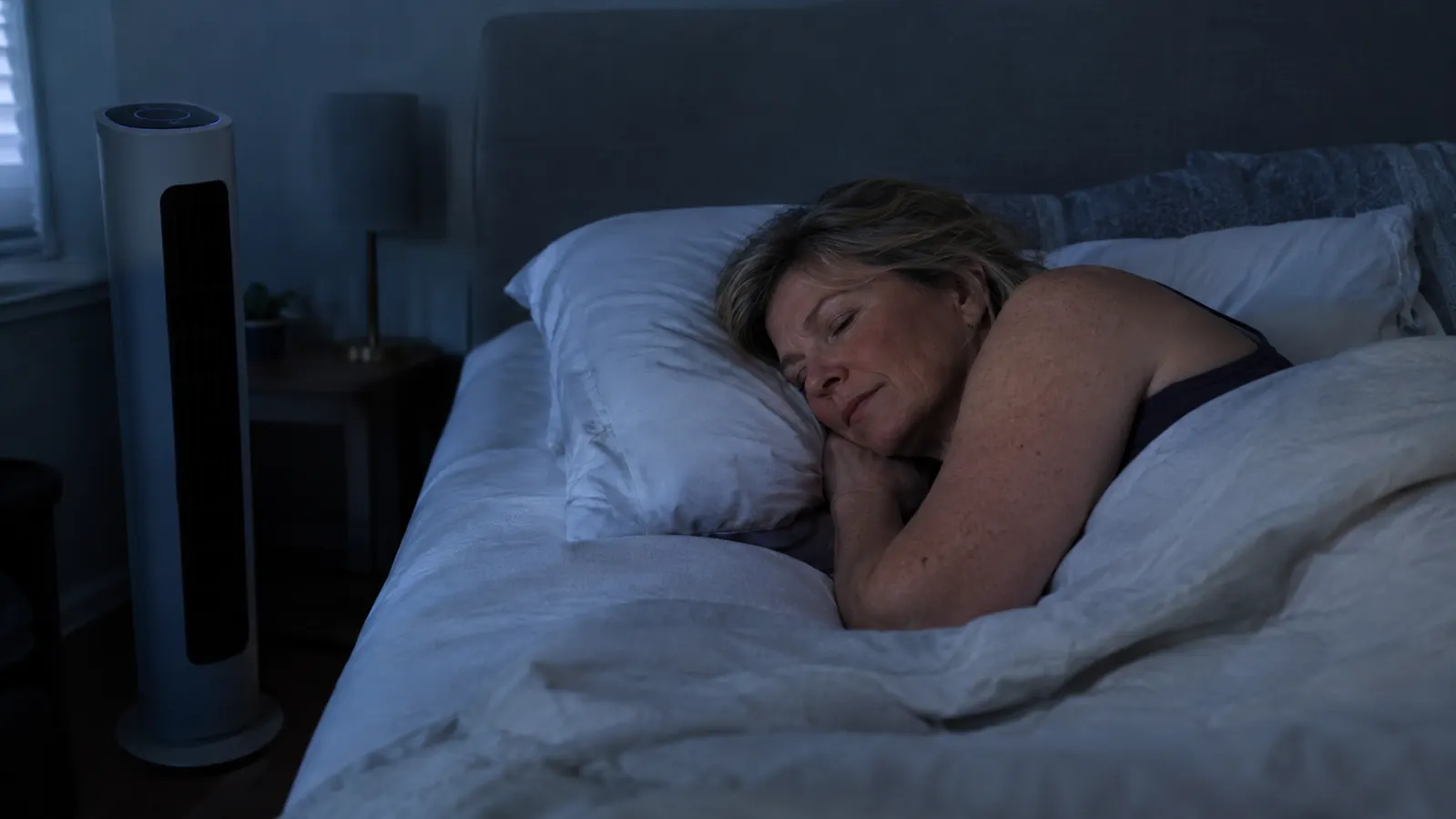 A woman in her fifties asleep under a light blanket on a queen bed, a tower fan standing beside the bed