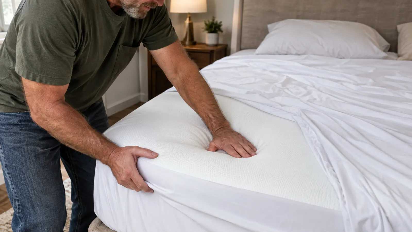 A hand pressing on the corner of a white gel memory foam mattress topper on a bed