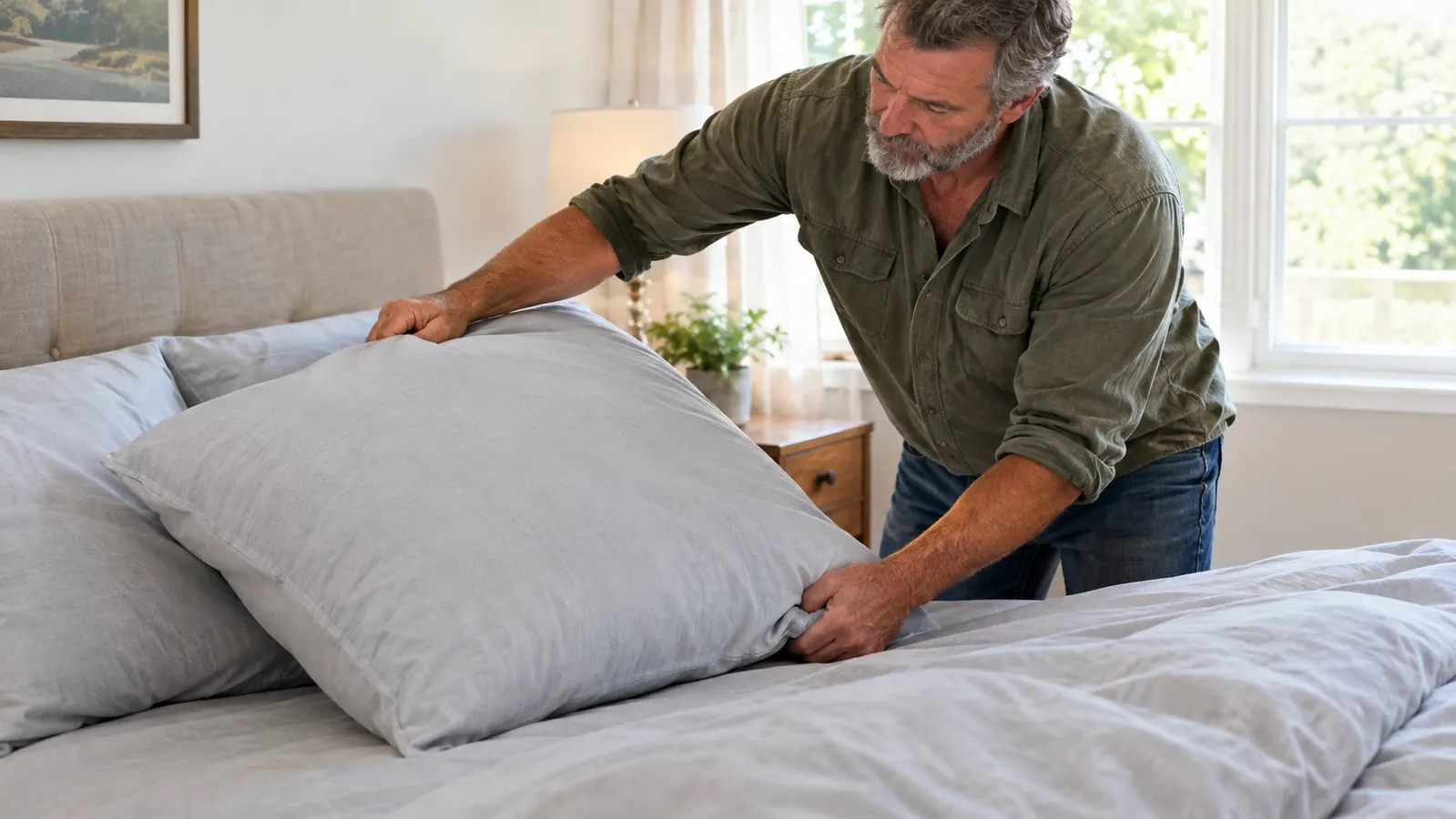 A hand adjusting a pillow on a bed with light gray sheets