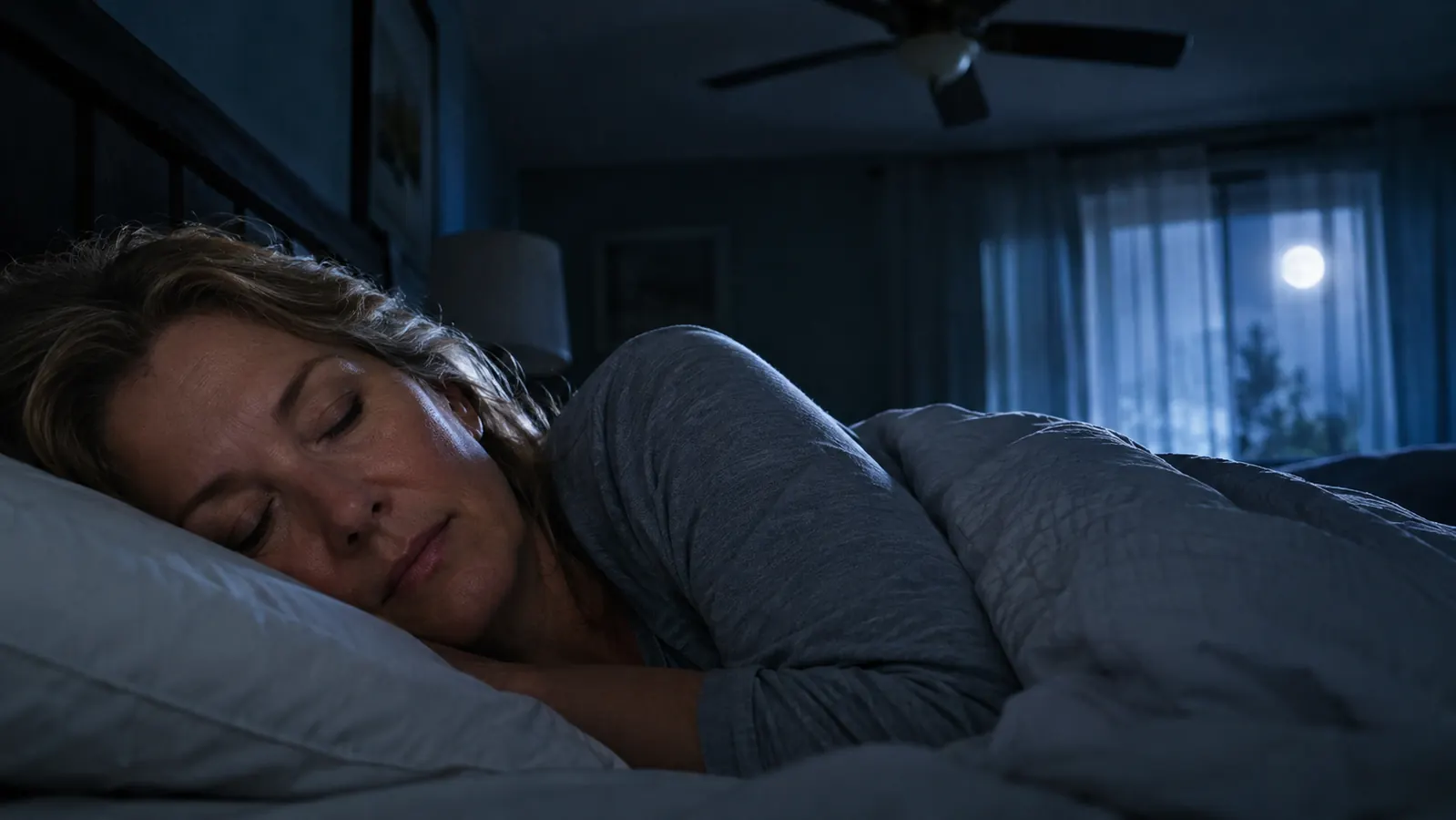 A woman in her fifties sleeping peacefully on a pillow in a cool, dark bedroom