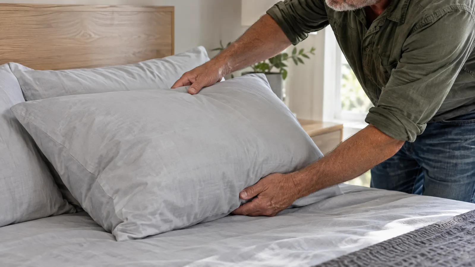 A hand adjusting a cooling pillow on a bed with light gray sheets