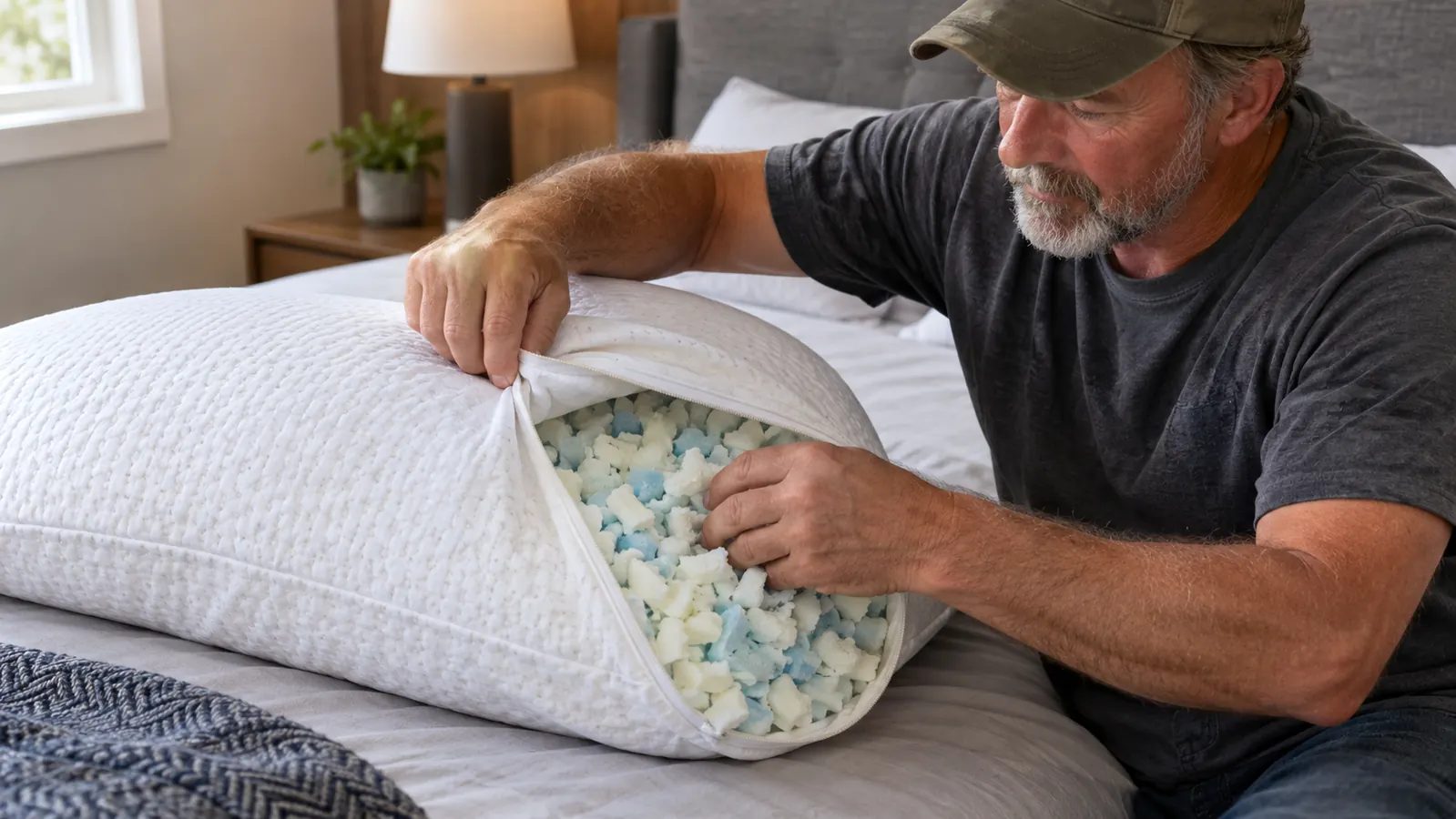A hand adjusting the fill of a shredded memory foam pillow on a bed