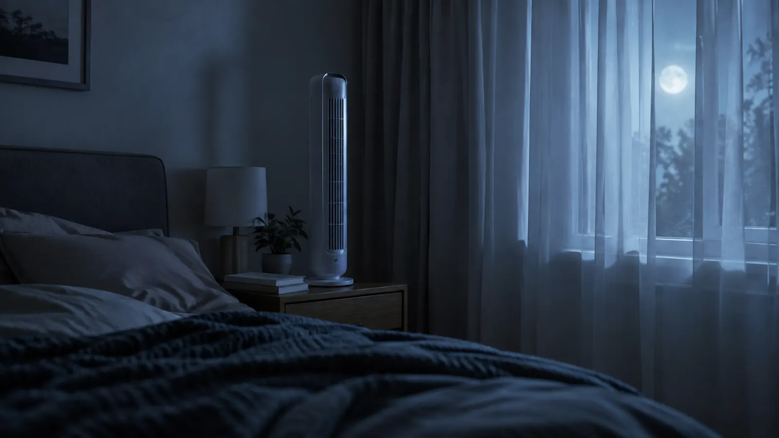 A bedroom at night with a fan on a nightstand beside a neatly made bed
