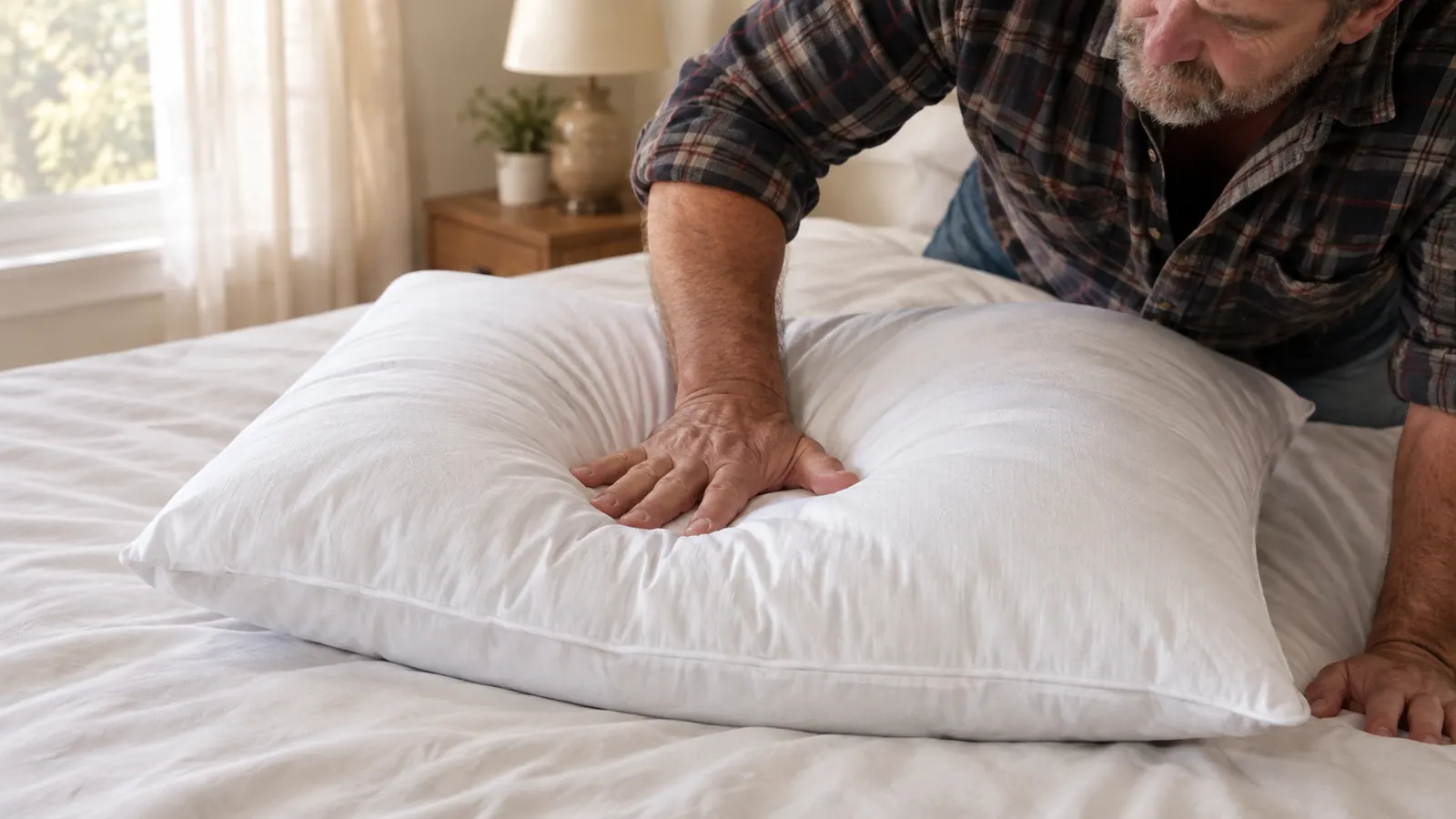A hand pressing the center of a white pillow on a bed to show how the fill compresses and bounces back