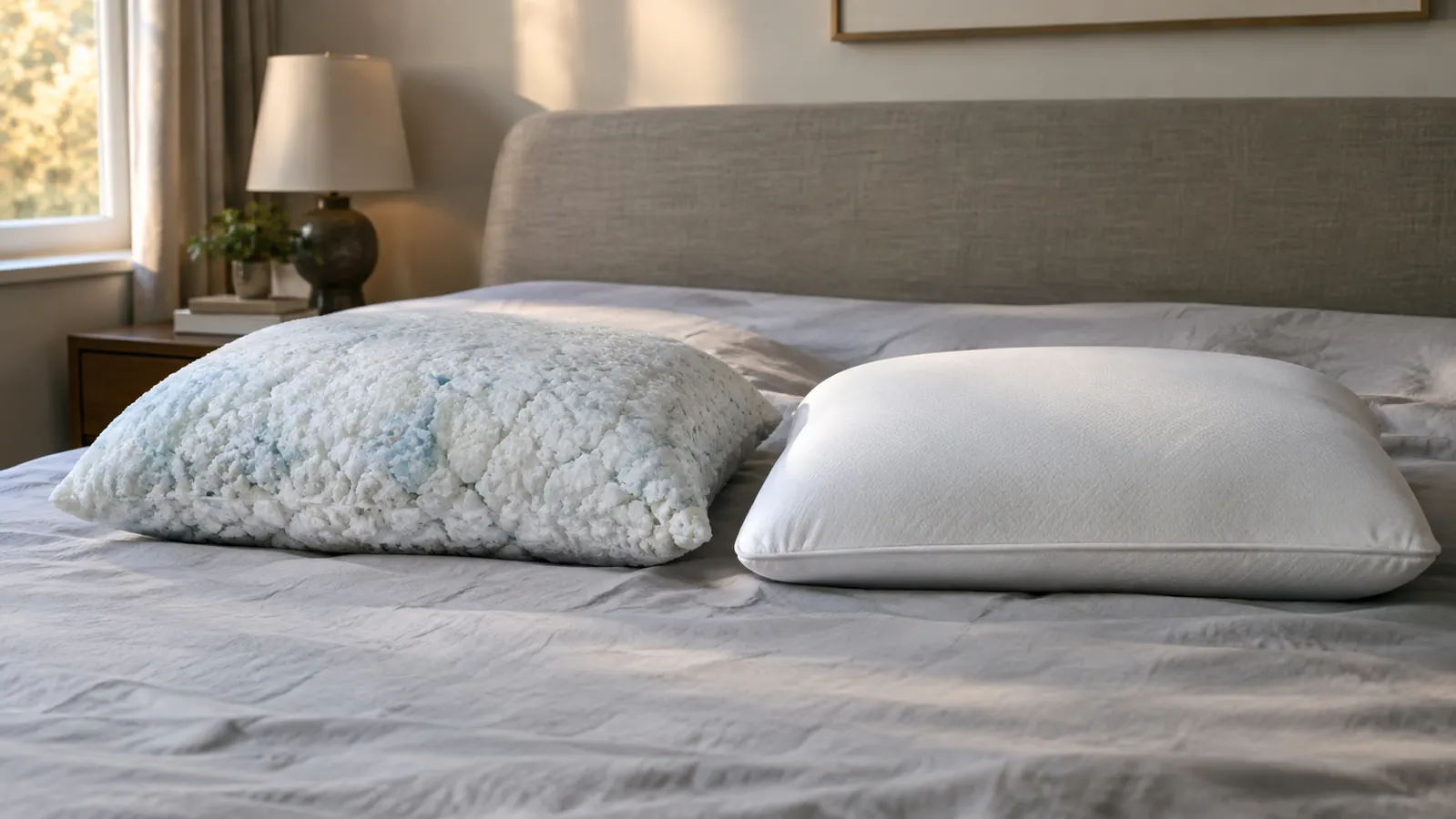 Two pillows side by side on a bed with light gray sheets, one plush shredded foam and one smooth molded foam